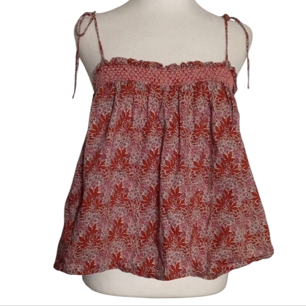 J. Crew Red Floral Smocked Tie-Strap Camisole